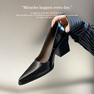 2025春夏新款真皮气质尖头浅口粗跟高跟通勤百搭黑色气质单鞋女鞋