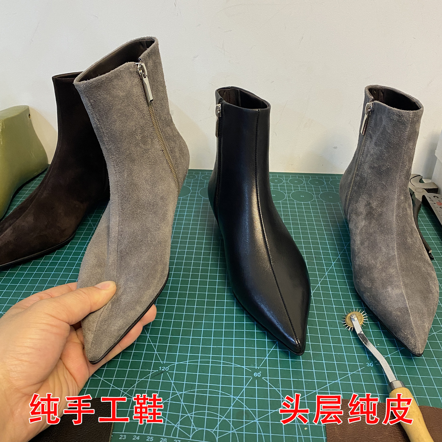手工真皮复古小破跟尖头瘦瘦靴女胎牛绒法式小短靴及踝靴女巫靴子