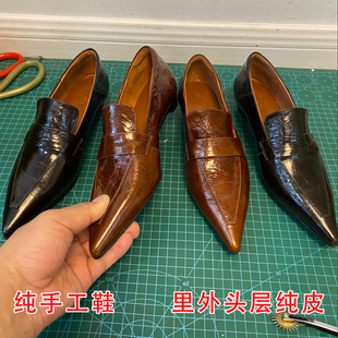 女 复古深口中跟单鞋 手工头层牛皮气质尖头粗跟真皮乐福鞋 女小皮鞋
