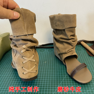 手工真皮复古短筒褶皱堆堆凉靴女新款内增高裤管靴小众露趾凉鞋女
