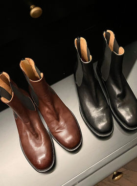 手工短靴牛皮马丁靴切尔西靴粗跟