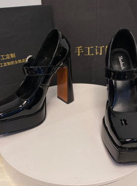 13cm防水台真皮一字扣玛丽珍鞋