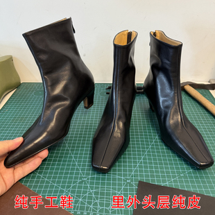 手工真皮法式复古高跟尖头瘦瘦靴女小方头短筒靴踝靴百搭猫跟单靴