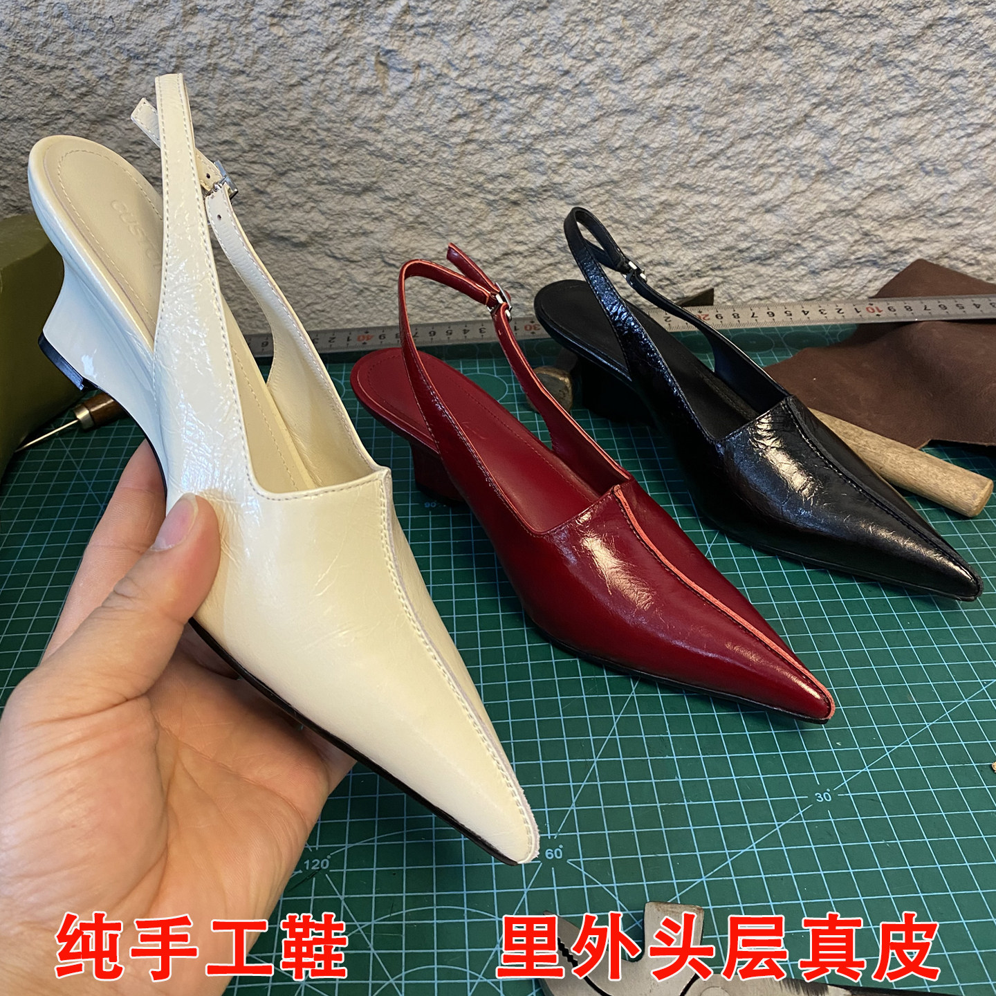 纯手工真皮尖头尖头后绊带包头凉鞋女中跟简约气质单鞋夏季凉鞋女