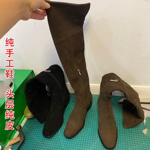 手工牛翻磨砂真皮粗跟极简两穿显瘦过膝靴尖圆头中跟扣带长筒靴女