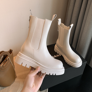 白色短靴女mona同款烟筒厚底显瘦秋冬加绒内增高马丁靴切尔西靴子