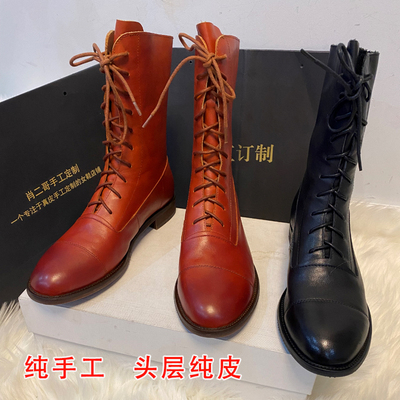 手工真皮烟管靴粗跟复古英伦风