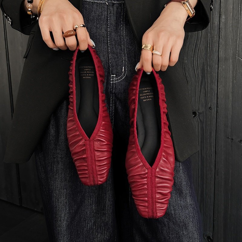 纯手工真皮复古褶皱羊皮方头气质平底单鞋女浅口舒适芭蕾舞鞋女鞋,女鞋,浅口单鞋,淘宝优惠券,粉丝福利购,淘宝优惠卷