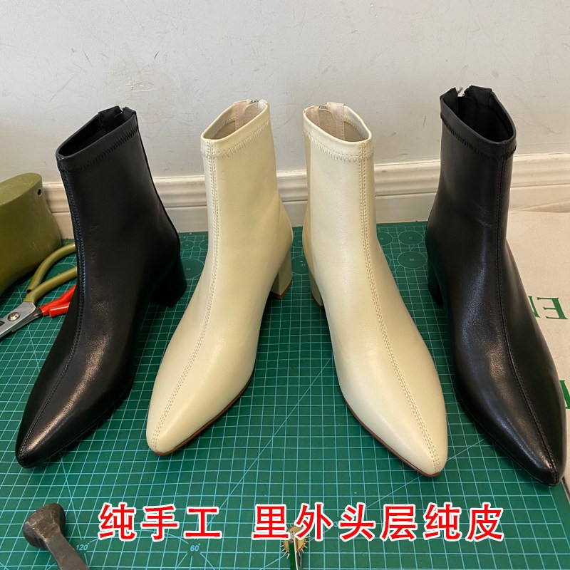 头层纯皮瘦瘦靴粗跟羊皮弹力靴