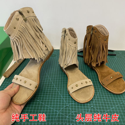 手工真皮磨砂罗马凉鞋女夏季法式流苏柳钉凉靴露趾平底短筒凉靴子