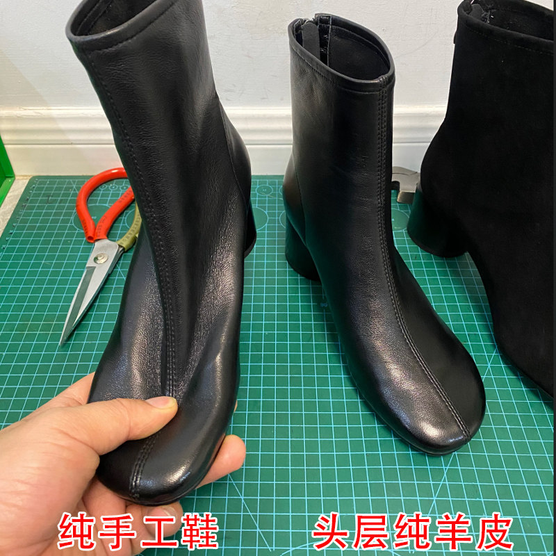 手工羊皮粗高跟显瘦袜靴女软皮加绒短靴真皮瘦瘦靴子女短靴女单靴,女鞋,时装靴,淘宝优惠券,粉丝福利购,淘宝优惠卷