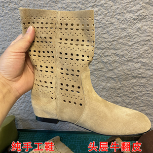 手工磨砂真皮美德拉夏季内增高镂空雕花凉鞋女短筒靴休闲洞洞鞋女