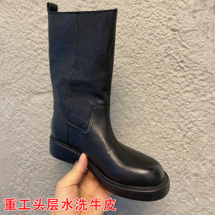 头层水洗牛皮真皮复古中筒骑士靴女直筒靴中古风高跟厚底马丁短靴