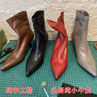 头层小牛皮真皮高跟尖头短靴款女细跟拼接裸靴瘦瘦靴复古棕色短靴