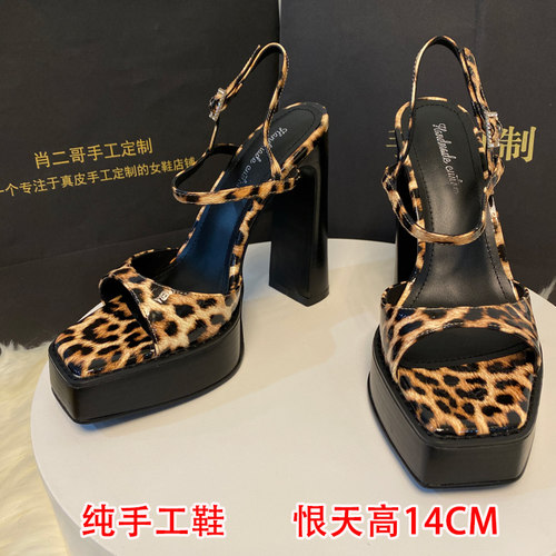 真皮性感粗跟高跟露趾凉鞋