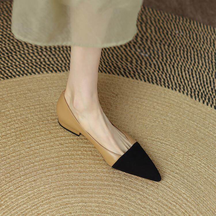 2022年春季简约拼色小香风低跟真皮女鞋法式复古尖头浅口单鞋2cm,女鞋,浅口单鞋,淘宝优惠券,粉丝福利购,淘宝优惠卷