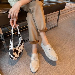 尖头女鞋 厚底乐福鞋 2023春秋季 新款 女 欧美风真皮百搭套脚深口单鞋