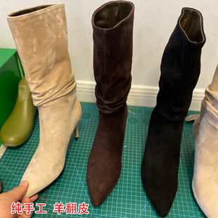 手工真皮欧美辣妹性感细高跟尖头堆堆靴女羊皮磨砂真皮显瘦中筒靴
