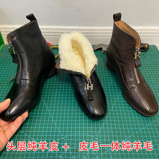 手工真皮3cm加厚羊皮毛一体雪地靴女前拉链短靴女冬季保暖大棉靴
