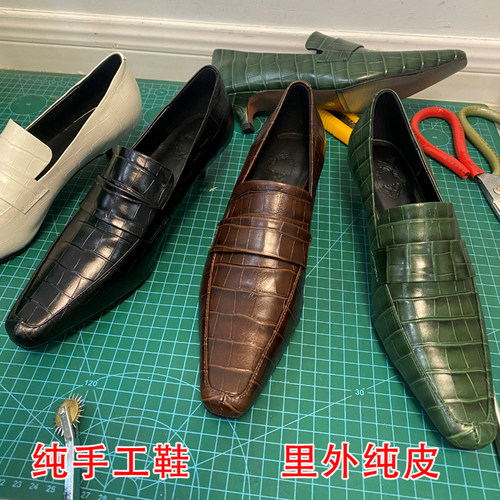 手工真皮方头细跟单鞋头层纯皮