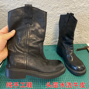 肖二哥重工水洗废土风厚底西部牛仔短靴2025秋冬新款中筒切尔西靴