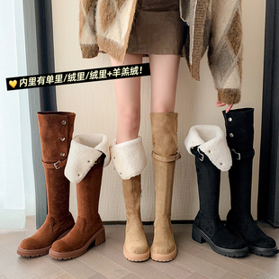 复古棕色两穿西部靴麂皮绒韩国东大门高筒靴粗跟过膝长靴女骑士靴