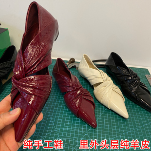 小众尖头镂空褶皱交叉扭结玛丽珍鞋柔软两穿真皮单鞋女软皮奶奶鞋
