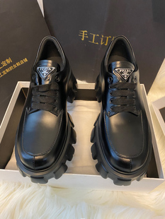 手工头层真皮P家厚底三角标乐福鞋女单鞋高跟松糕底真皮小皮鞋女