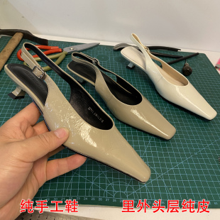 手工头层真皮后绊带小方头后空中跟包头凉鞋女夏小猫跟软皮奶奶鞋