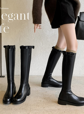 手工真皮ANN高筒骑士靴子女大筒围英伦风小个子不过膝长靴马靴皮