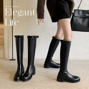 手工真皮ANN高筒骑士靴子女大筒围英伦风小个子不过膝长靴马靴皮