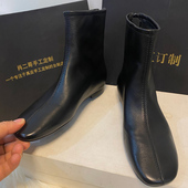 手工真皮极简踝靴秋冬羊皮复古方头百搭软底内增高短靴低跟瘦瘦靴