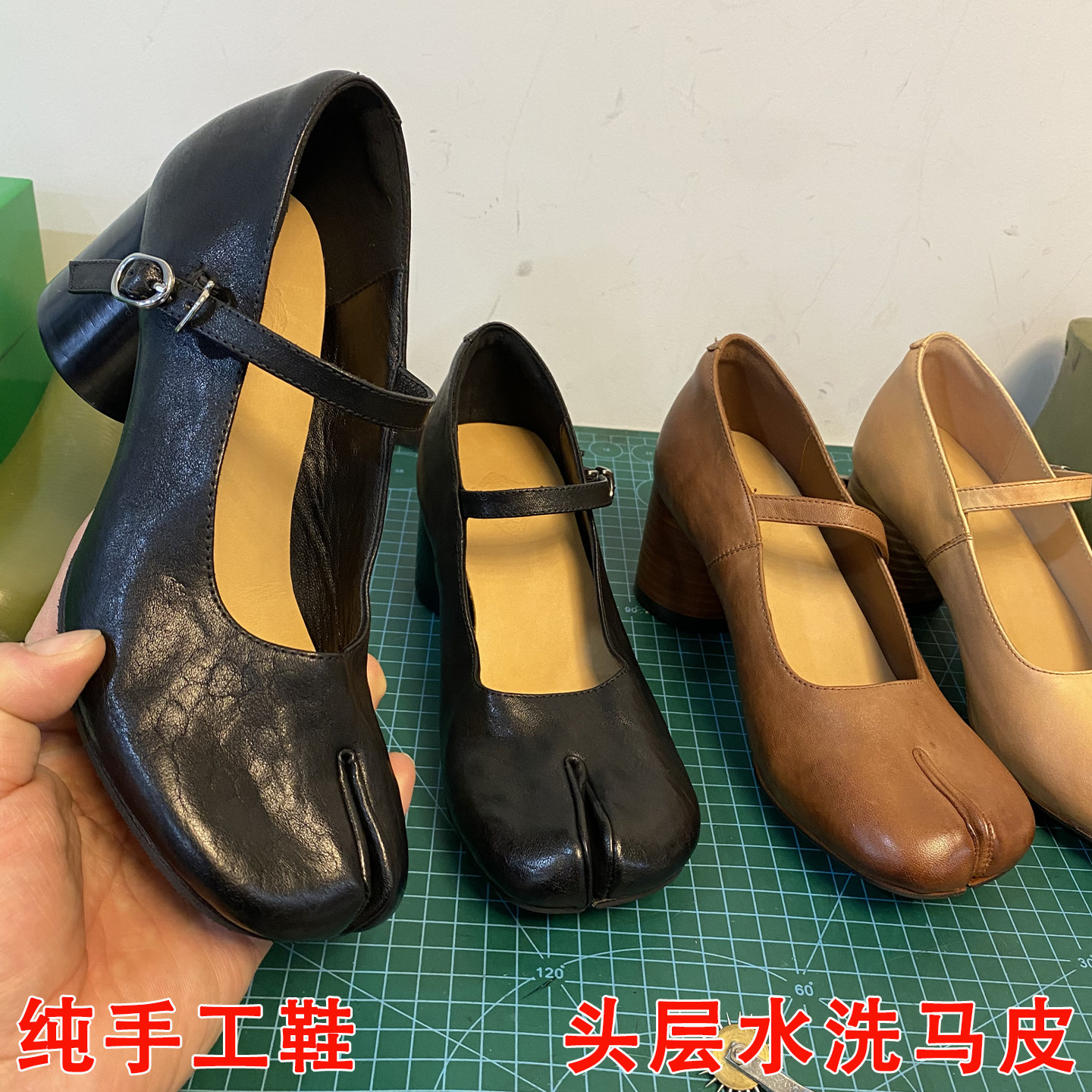 水洗马皮做旧分趾鞋高跟玛丽珍鞋浅口一字扣单鞋女粗跟猪蹄芭蕾鞋图片