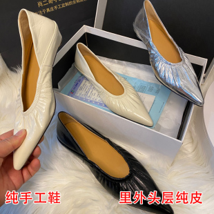 头层牛皮小众设计褶皱尖头单鞋女真皮粗跟中跟内增高软面奶奶女鞋