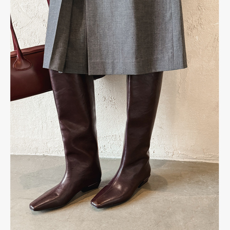 方头真皮粗跟裤管靴不过膝长筒靴