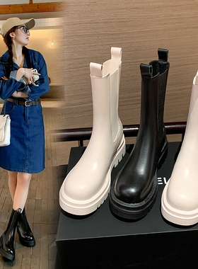 mona同款真皮内增高白色马丁靴女中筒切尔西靴短靴烟筒靴大小码33
