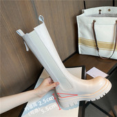 长靴女小个子厚底米白色高筒骑士靴圆头 新款 全真皮 2024年秋冬季