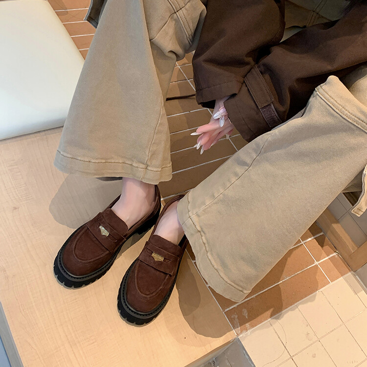 法式复古小皮鞋女春秋新款厚底金币乐福鞋圆头棕色松糕真皮单鞋女