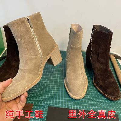 手工真皮里外全皮粗跟磨砂短靴女