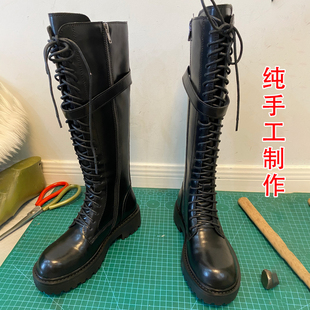 ann高筒马丁靴女高筒骑士靴英伦黑色机车靴帅气系带显瘦长筒靴子