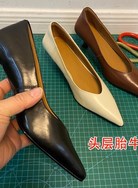 头层胎牛皮V口奶奶鞋女巫鞋