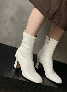 女秋冬韩版真皮粗跟显瘦弹力短靴
