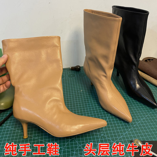 纯手工真皮尖头细跟中筒女短靴