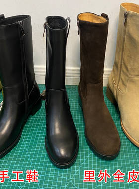 头层纯皮ANN中筒骑士靴女直筒靴显瘦中粗跟中筒靴百搭西部靴马靴