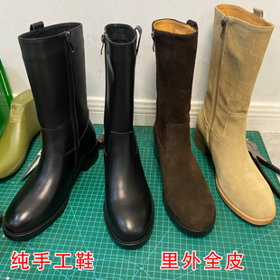 头层纯皮ANN中筒骑士靴女直筒靴显瘦中粗跟中筒靴百搭西部靴马靴