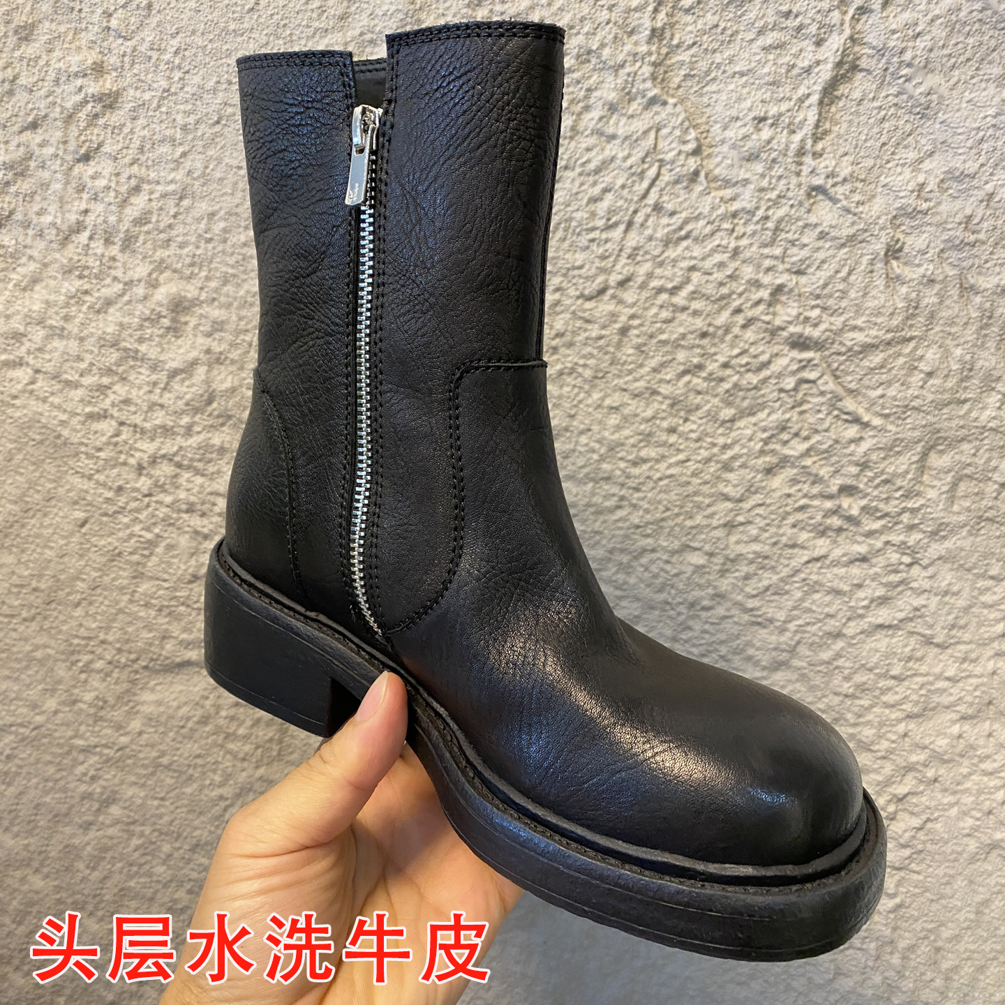 纯手工头层水洗牛皮粗跟厚底短靴女秋冬中跟马丁靴侧拉链真皮靴子