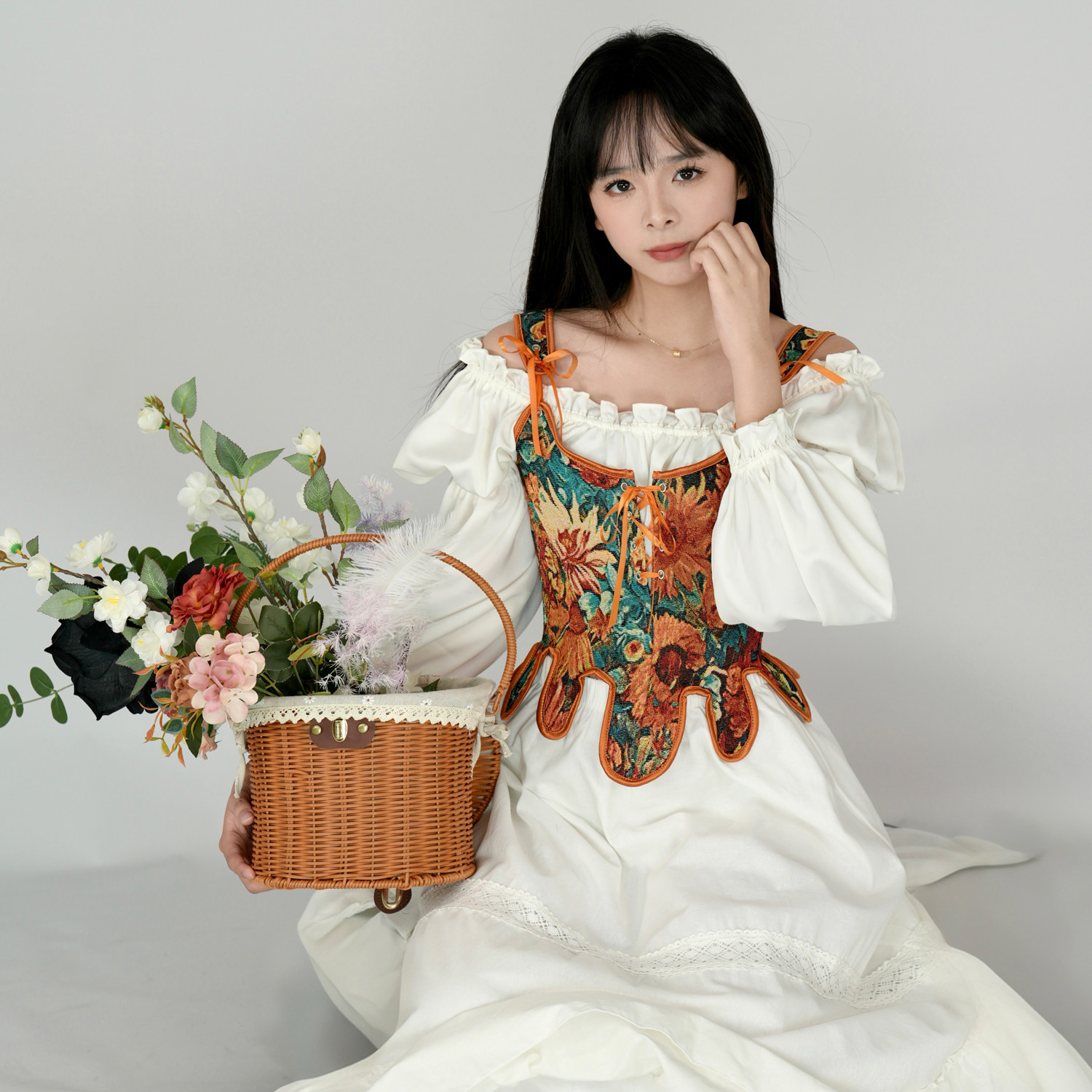 法式宫廷风束腰上衣女复古油画向日葵印花系带收腰显瘦优雅