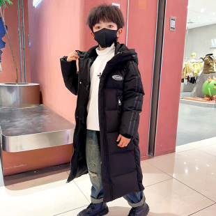BOPPYPIG波比猪男童女童长款过膝加厚羽绒服黑色连帽面包服亲子装