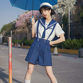 水手服绀色白三本套装 花绀背带短西裤 蔚蓝誓约 樱花家族jk制服