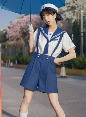 樱花家族jk制服【蔚蓝誓约】花绀背带短西裤水手服绀色白三本套装